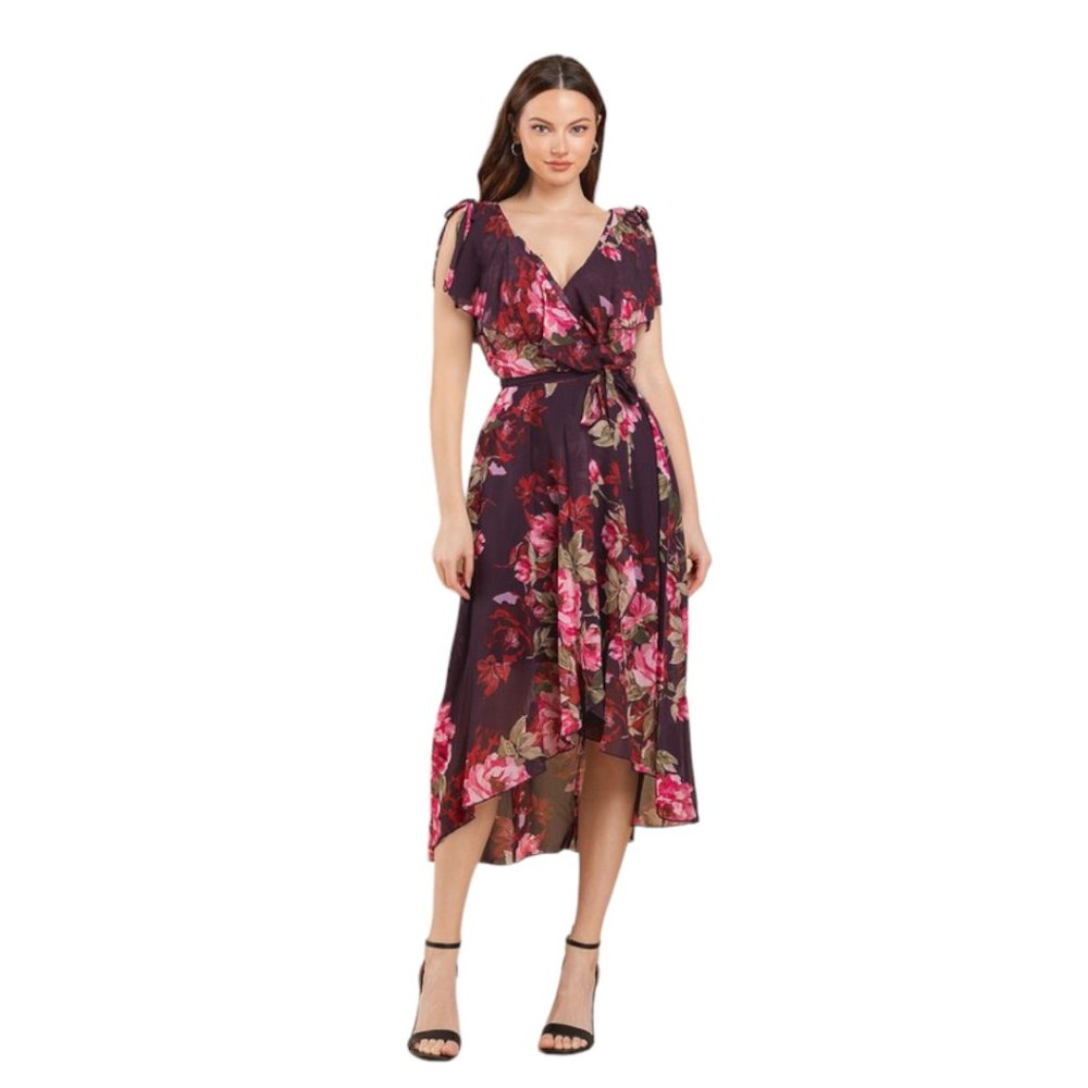Plum and Red Roses Wrapped Ruffles Hi-Lo Midi Dress - Size 8 - Picture 6 of 8